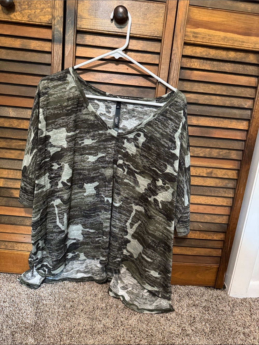 Relaxed V-Neck Camo Tunic Top - Olive Green